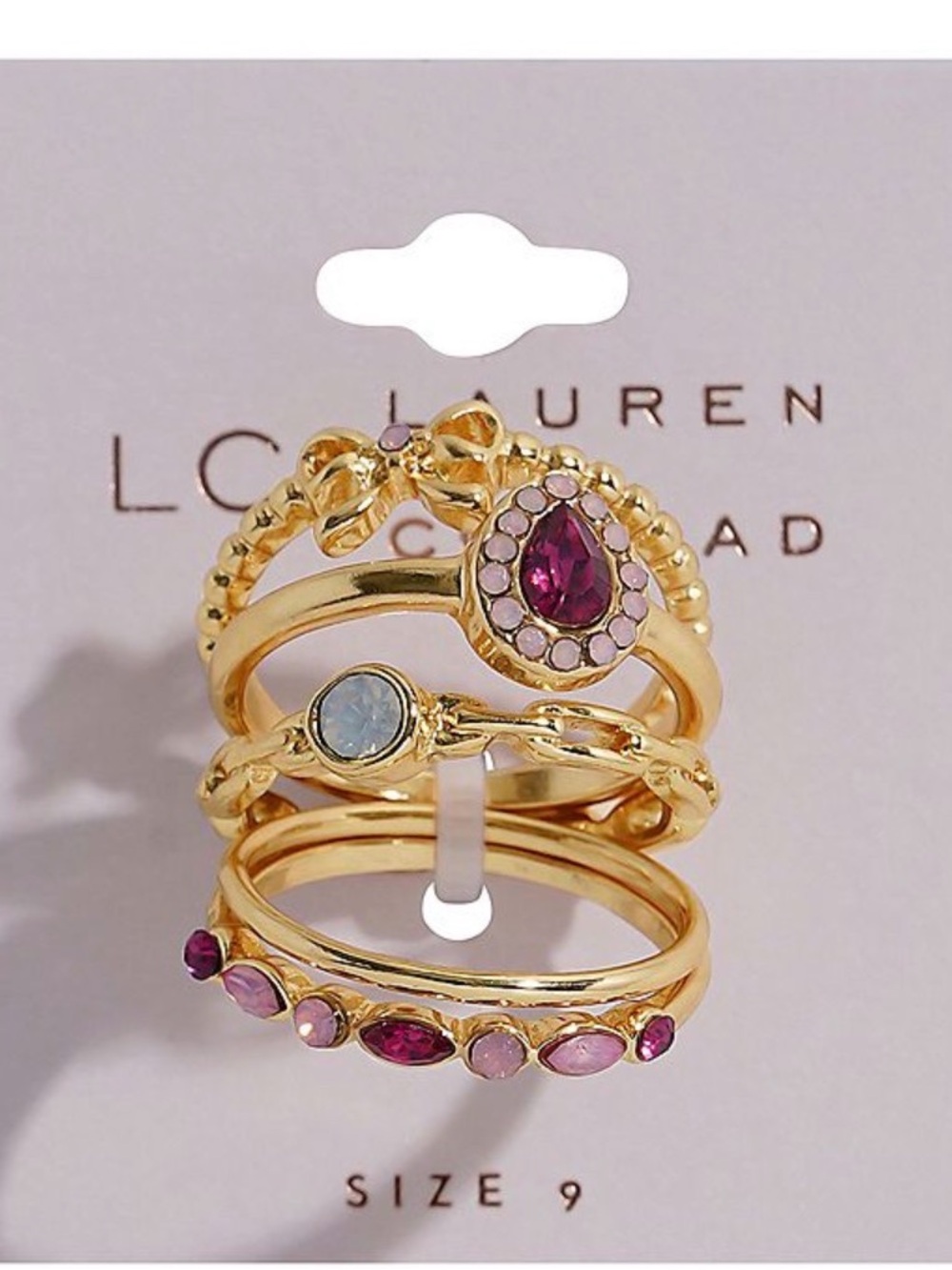LC Lauren Conrad five-piece crystal and bow ring set.